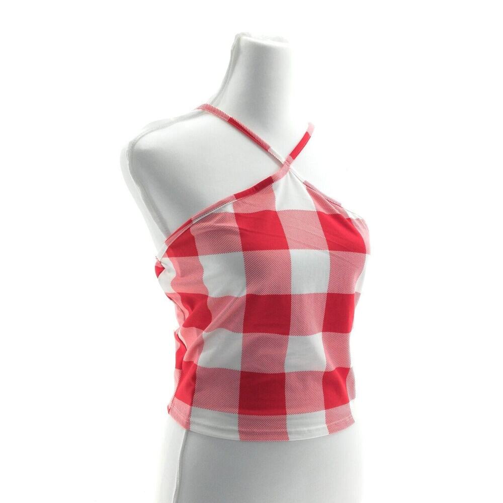 Persaya Red and White Gingham Halter Crop Top